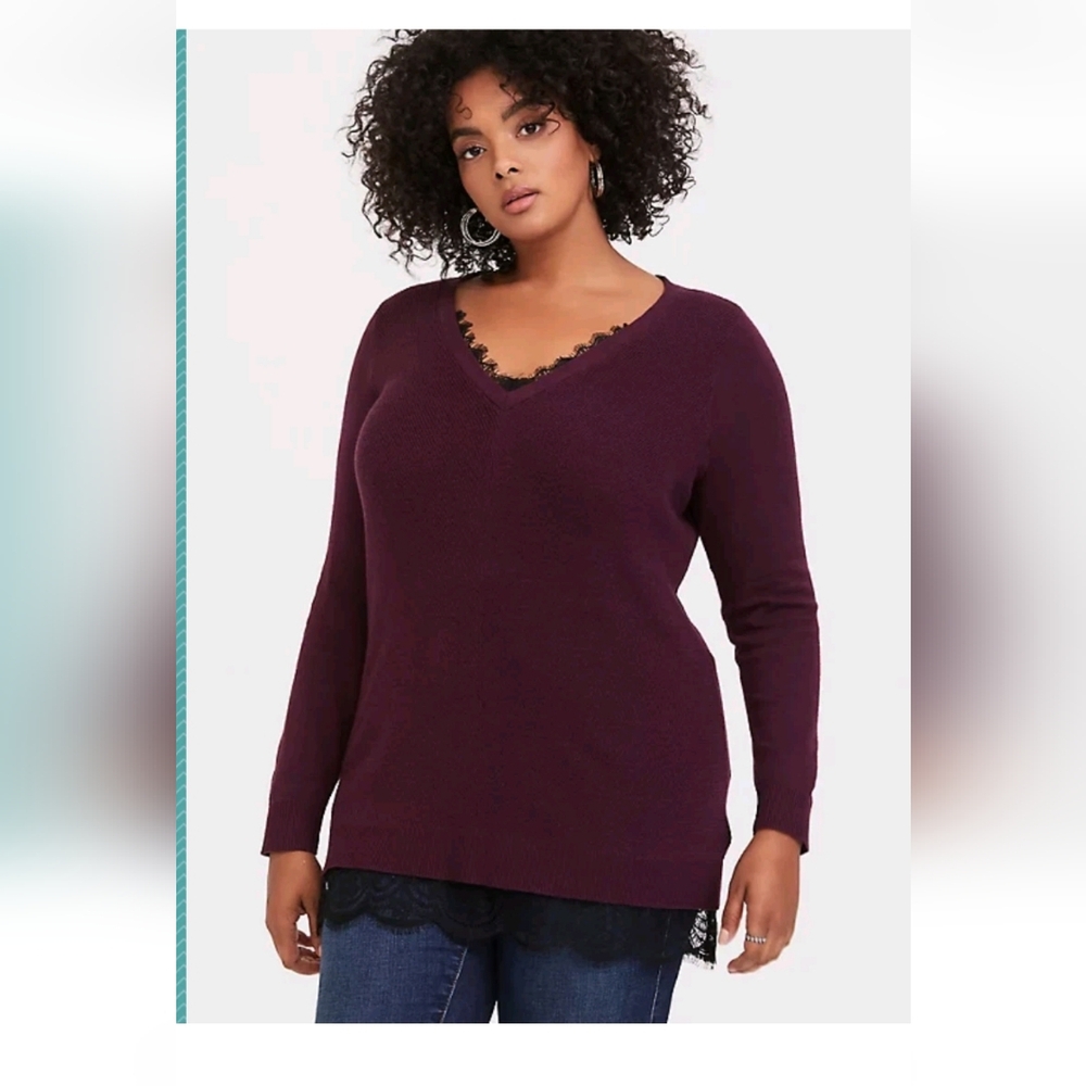Torrid Long Sleeve Lace Trim V-Neck Tunic Sweater Sz 1/1X New With Tag - Picture 11 of 11